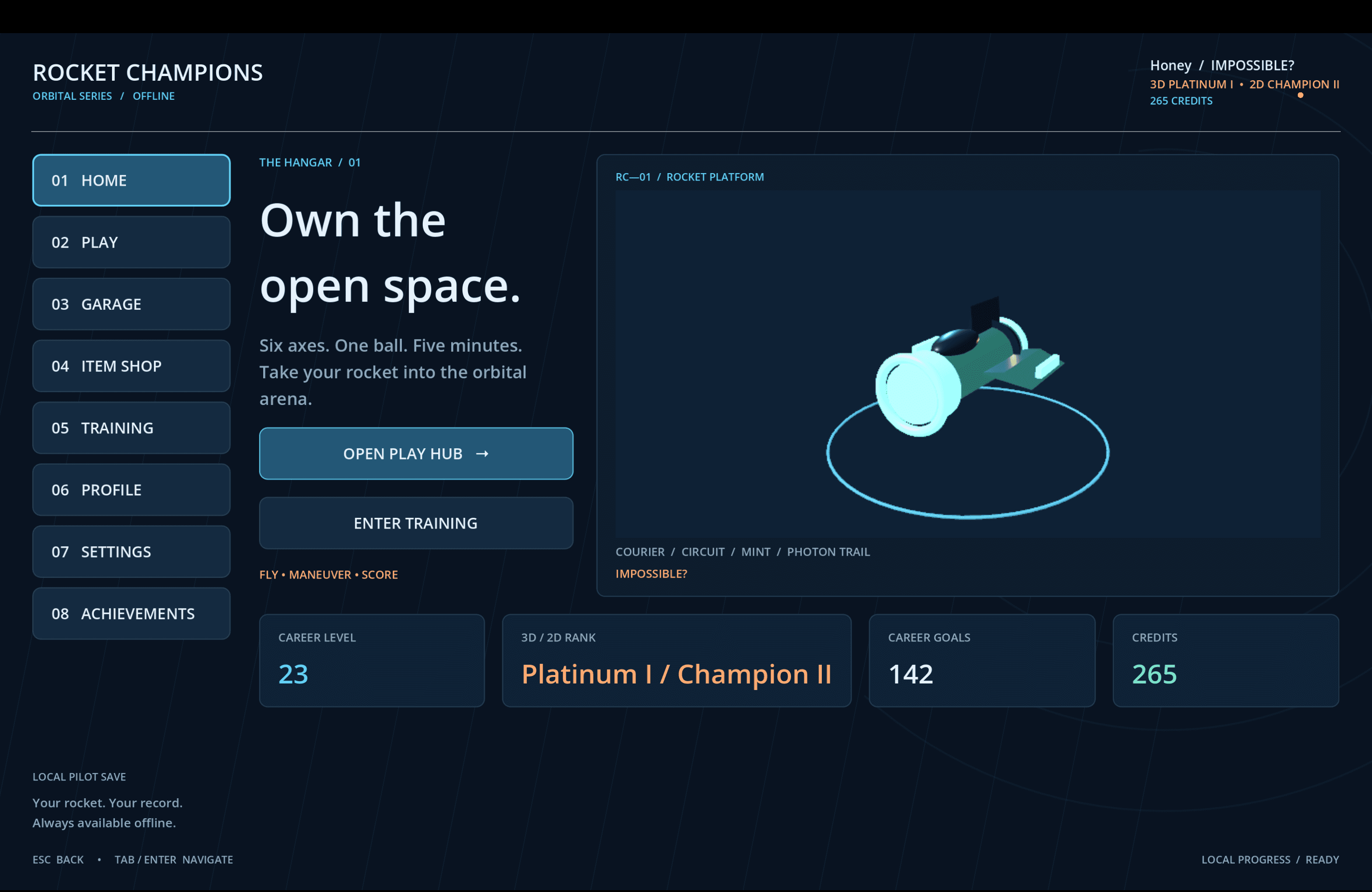 Rocket Champions player dashboard showing progression, ranks and navigation